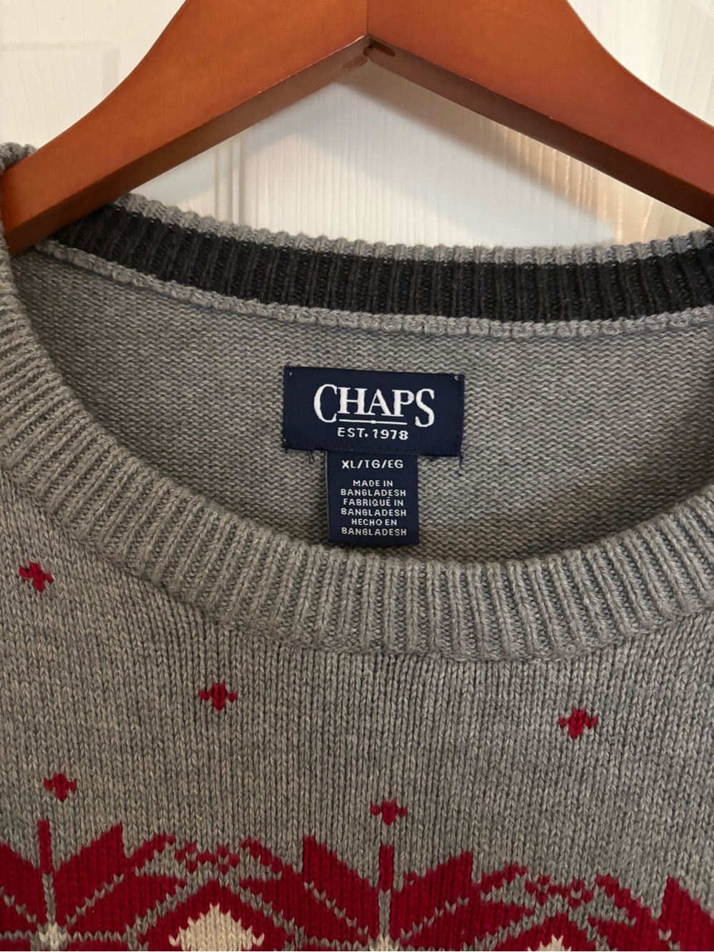 Chaps Men's Gray, Black & Red Reindeer Fair Isle Crewneck Sweater - Picture 2 of 4